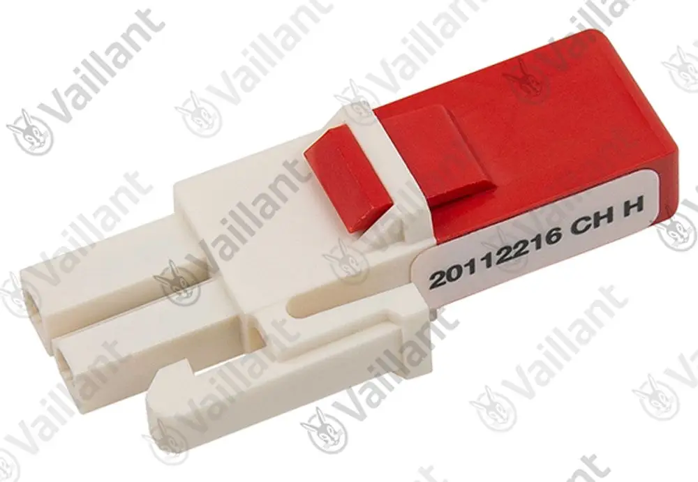 Vaillant Stecker in Rot und Weiß, mit zwei Anschlussöffnungen und einem Schiebeschalter. Auf der Seite ist eine Kennzeichnung sichtbar.
